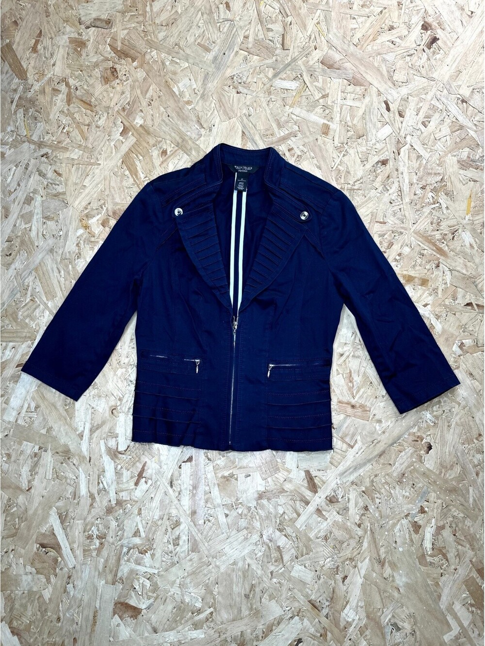 White House Black Market Jacket Womens 2P Navy Blue Pleated Zip Up Blazer Petite